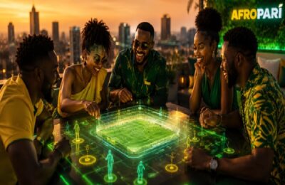 A group of friends using a holographic football betting table