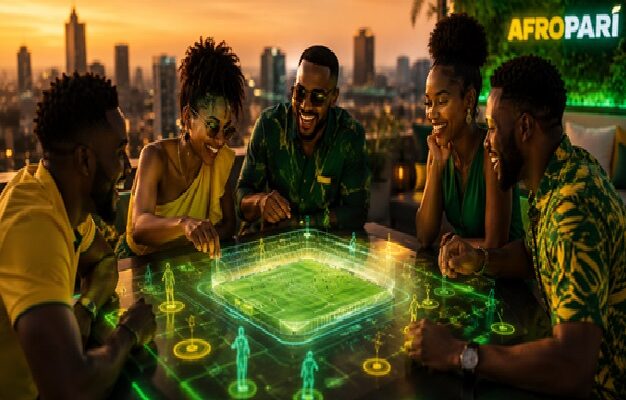 A group of friends using a holographic football betting table
