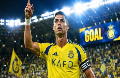 Cristiano Ronaldo celebrates goal in packed stadium