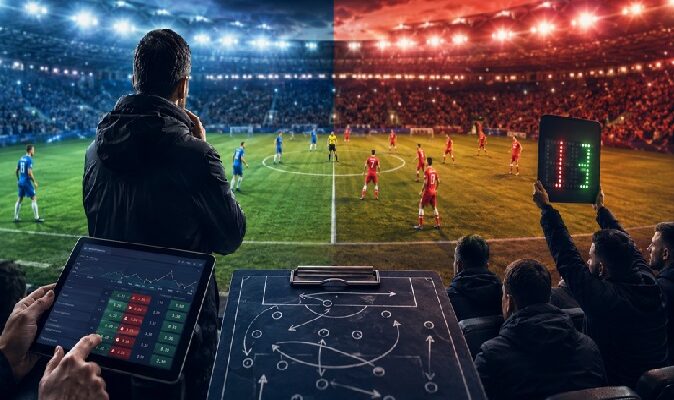 Second-half football tactics changing during a live match